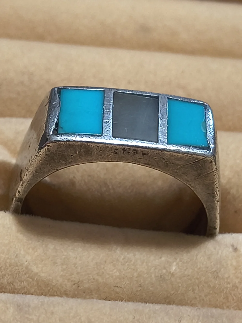 Turquoise & MOP Inlay Sterling Navajo Native American Signet Style Ring Sz 10.5